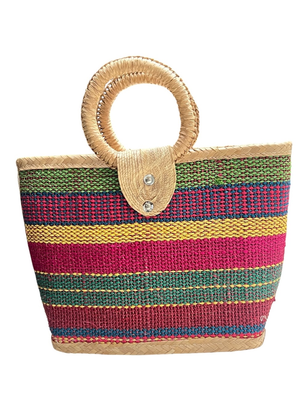 Vintage Woven Straw Tote Bag Top Handle Basket Purse Multi Color Stripe Boho - Picture 7 of 8